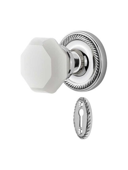 Rope Rosette Mortise Lock Set with Milk White Waldorf Crystal Glass Knobs in Polished Chrome.